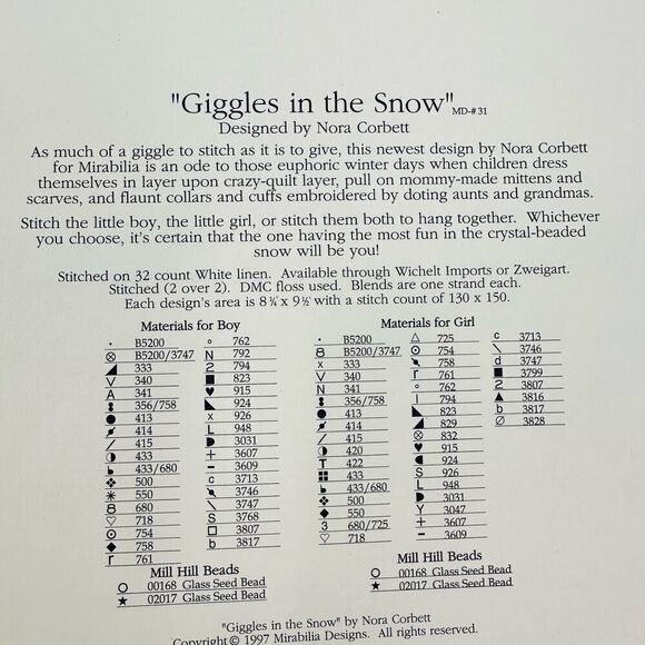Mirabilia SNOW ANGEL Cross Stitch Pattern Chart "Giggles in the Snow" BOY GIRL - Picture 7 of 8
